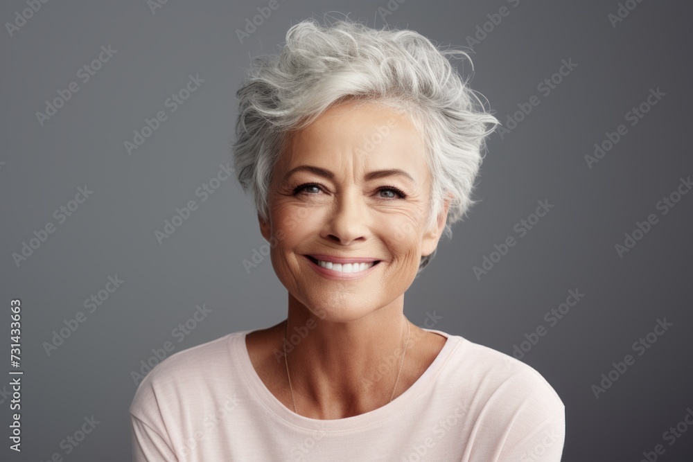 Happy mature woman. Beautiful mature woman looking at camera and smiling while standing against grey background