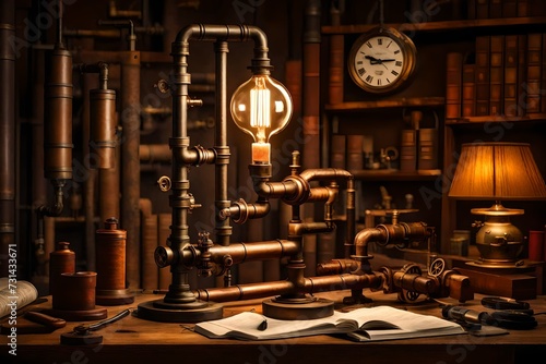 A steampunk-inspired lamp with  gears and pipes, radiating a warm, antique glow in a study room.