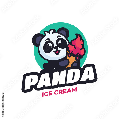 Vector Logo Illustration Panda Ice Cream Mascot Cartoon Style.