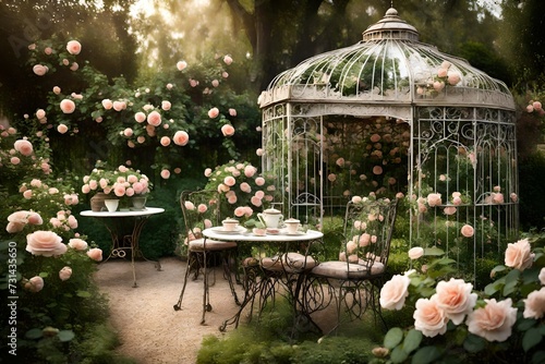 A charming vintage garden with wrought iron furniture, overgrown roses climbing trellises, and a weathered gazebo perfect for afternoon tea. photo