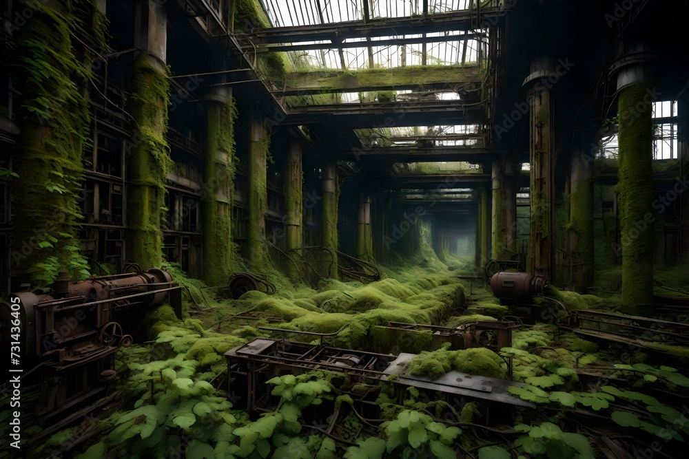 An abandoned industrial complex reclaimed by nature, with rusty machinery overgrown by vines and moss, creating a hauntingly beautiful scene of decay and renewal.