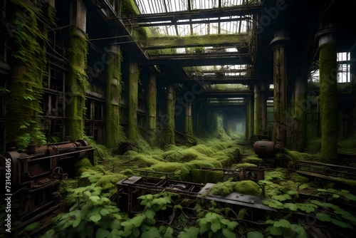 An abandoned industrial complex reclaimed by nature, with rusty machinery overgrown by vines and moss, creating a hauntingly beautiful scene of decay and renewal. photo