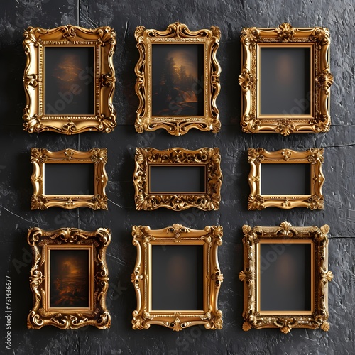 Mockup of A set of Antique golden Louis Luxury Frames on Dark wall 