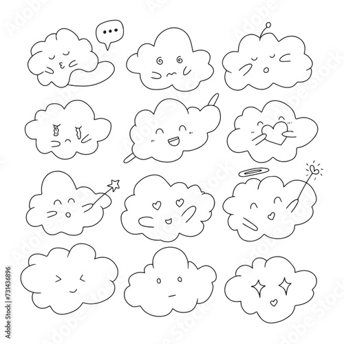 set of cloud emoticon doodles. expression, gesture, activity isolated on white background