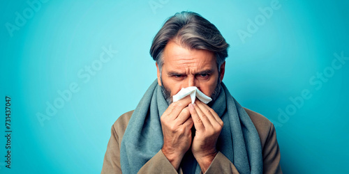 Portrait of a woman in a hood blowing her nose  in the cold photo