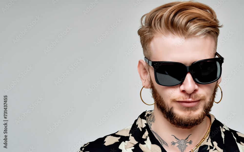 Hip Hop White Male with Dark Sunglasses and Neck Tattoos Wearing Gold Stylish Necklace Hip Hop White Male with Dark Sunglasses and Neck Tattoos Wearing Gold Stylish Necklace