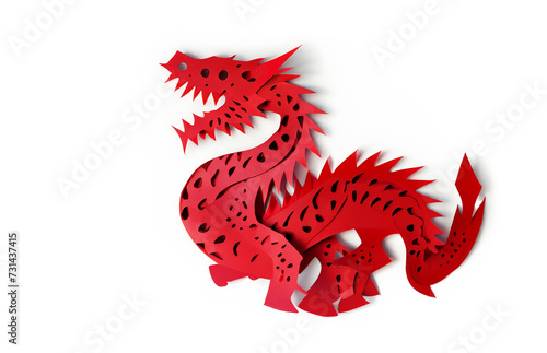 Red Paper Cutout Style 3D Red Dragon Isolated © vertis