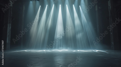 The empty concert stage was lit with spotlights and intense smoke. Create a stunning atmosphere. Generative Ai