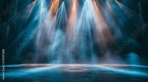 The empty concert stage was lit with spotlights and intense smoke. Create a stunning atmosphere. Generative Ai photo