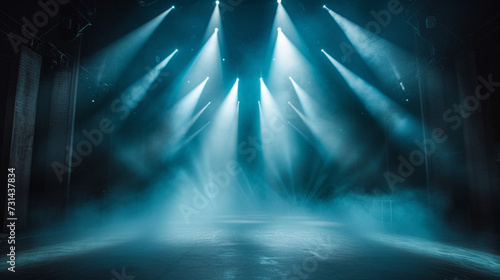 The empty concert stage was lit with spotlights and intense smoke. Create a stunning atmosphere. Generative Ai