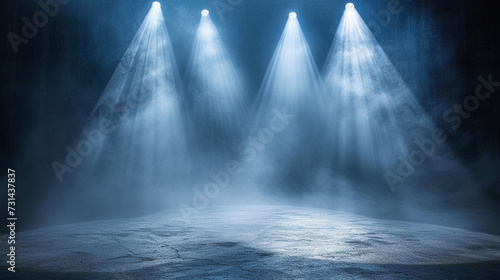 The empty concert stage was lit with spotlights and intense smoke. Create a stunning atmosphere. Generative Ai