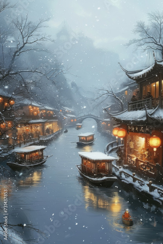 The scenery of Chinese Jiangnan gardens in the snow.