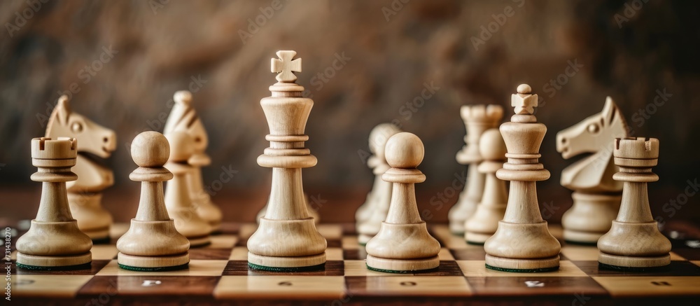 An indoor game of chess being played on a wooden chessboard, showcasing sports equipment and recreation through a close-up view.