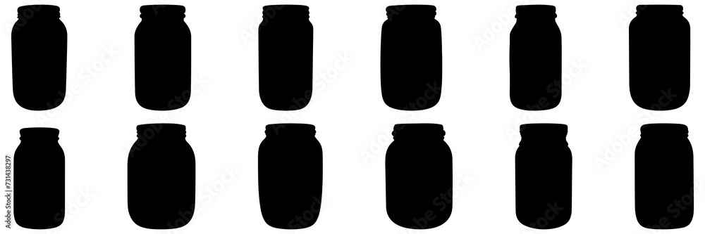 Jar bottle silhouettes set, large pack of vector silhouette design, isolated white background. - obrazy, fototapety, plakaty 