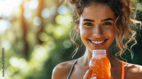 Young woman with a electrolyte hydration drink during a break while working out. photo