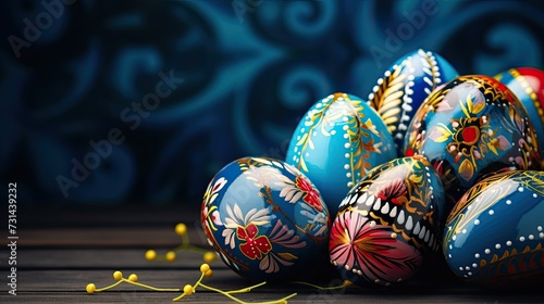 Vibrant Easter Eggs: A Colorful Display on Blue Wooden Background