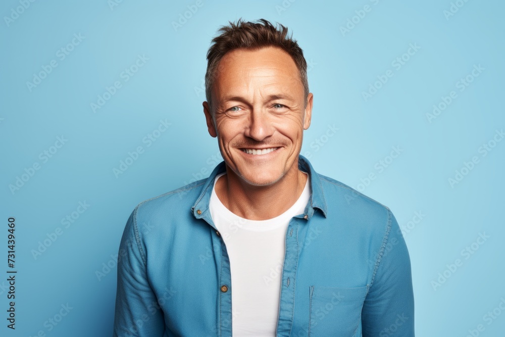 Portrait of a happy mature man smiling and looking at camera against blue background Portrait of a happy mature man smiling and looking at camera against blue background