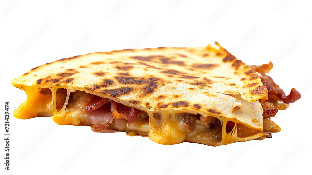 Crispy Bacon and Melted Cheese Quesadilla on a White Background