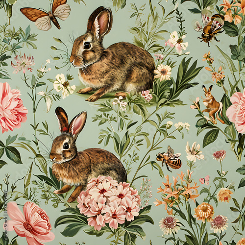 pattern with rabbits and flowers