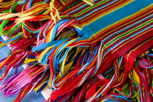 Traditional and cultural woven tais textile scarf with colourful design in Timor-Leste, Southeast Asia