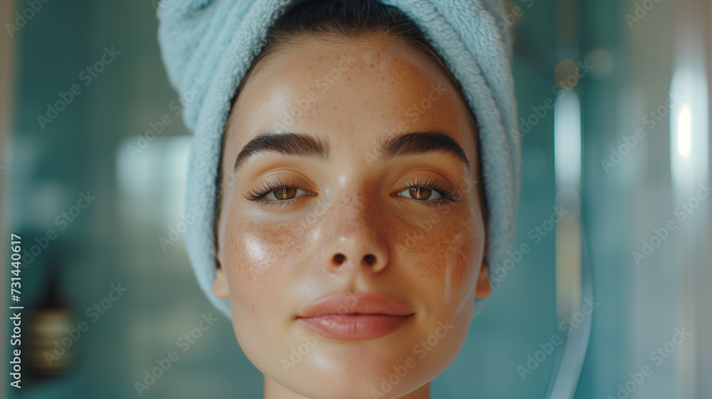 Closeup of woman with hair inside a warm towel in the spa. Taking care of her self and well being. Skin care spa routines. Closeup of woman with hair inside a warm towel in the spa. Taking care of her self and well being. Skin care spa routines.