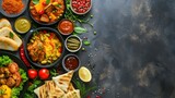 Flat lay local food meal assortment, realistic, HD, copy space - generative ai
