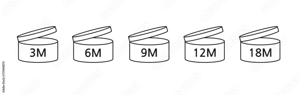 PAO cosmetic icon, mark of period after opening. Expiration time after package opened, white label. 3, 6, 9, 12, 18 month expirity on white background, vector illustration. PAO cosmetic icon, mark of period after opening. Expiration time after package opened, white label. 3, 6, 9, 12, 18 month expirity on white background, vector illustration.