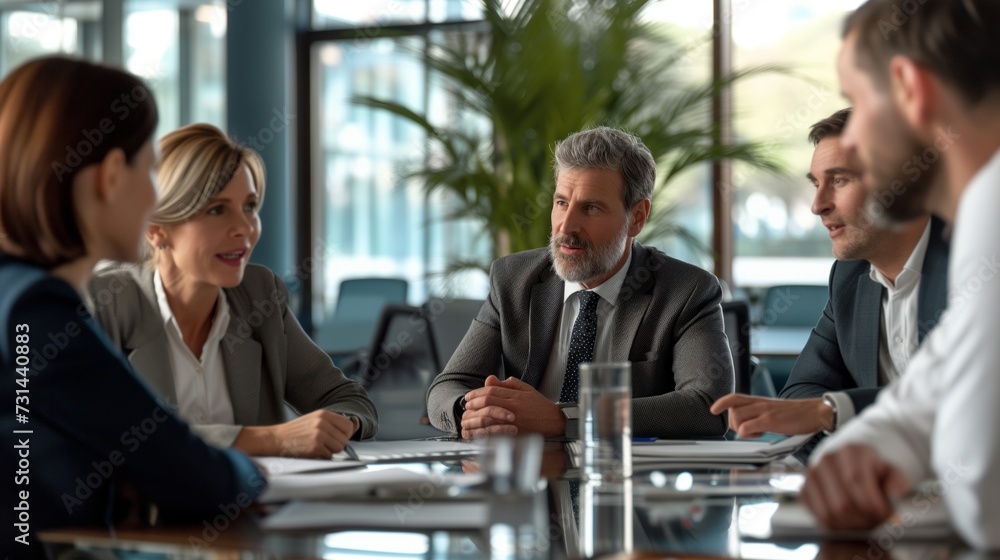 A group of professional Coperate Worker Business men and weman engage in a business discussion around a conference table in office A group of professional Coperate Worker Business men and weman engage in a business discussion around a conference table in office
