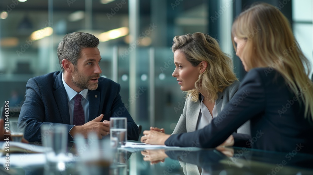 A group of professional Coperate Worker Business men and weman engage in a business discussion around a conference table in office A group of professional Coperate Worker Business men and weman engage in a business discussion around a conference table in office