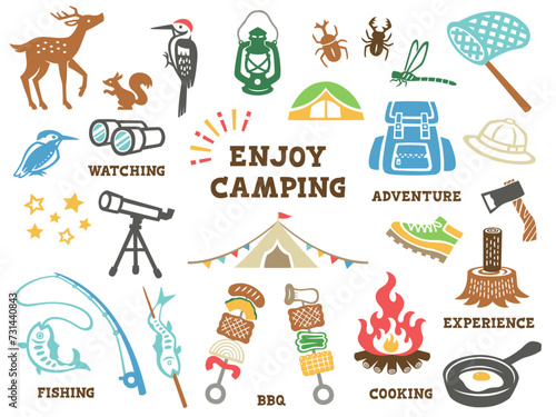 キャンプと夏休みのイラストセット