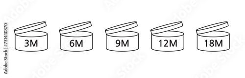PAO cosmetic icon, mark of period after opening. Expiration time after package opened, white label. 3, 6, 9, 12, 18 month expirity on white background, vector illustration.