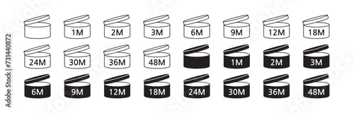 PAO cosmetic icon, mark of period after opening. Expiration time after package opened, 1M, 3M, 6M, 9M, 12M, 18M, 24M, 30M, 36M, 48 month expirity on white background, vector illustration.