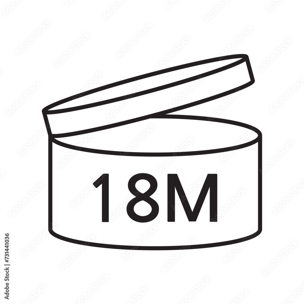 PAO cosmetic icon, mark of period after opening. Expiration time after package opened, white label. 18 month expirity on white background, vector illustration. PAO cosmetic icon, mark of period after opening. Expiration time after package opened, white label. 18 month expirity on white background, vector illustration.