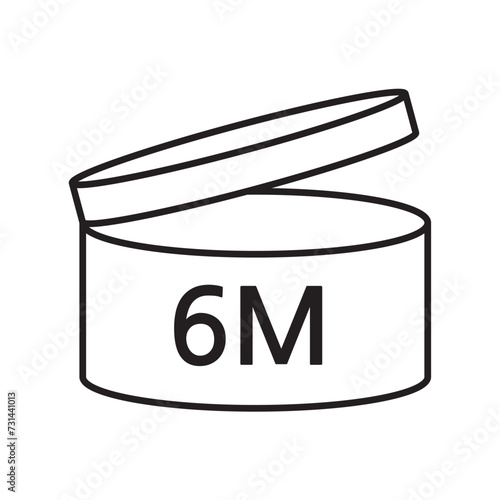 PAO cosmetic icon, mark of period after opening. Expiration time after package opened, white label. 6month expirity on white background, vector illustration.