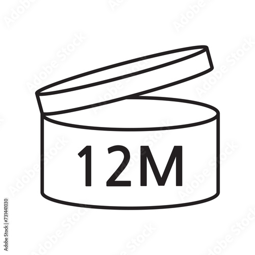 PAO cosmetic icon, mark of period after opening. Expiration time after package opened, white label. 12 month expirity on white background, vector illustration.