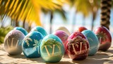 Tropical Easter Delight: Colorful Eggs Nestled Beneath a Majestic Palm Tree