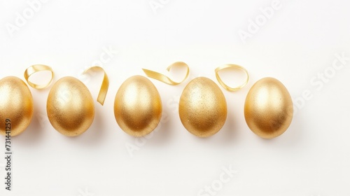Radiant Row of Easter Eggs: Glittering Golden Decorations on a Pure White Background