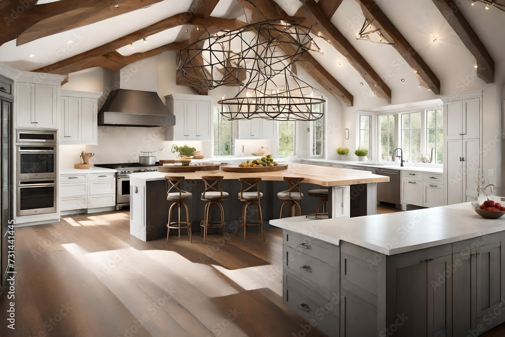 A kitchen with a vaulted ceiling,  wooden beams, and a statement chandelier illuminating the central island.