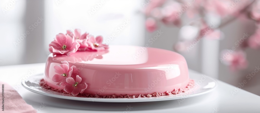 A pink cake adorned with pink flowers is elegantly placed on a white plate on a table, creating a beautiful display of pink and white within the setting.