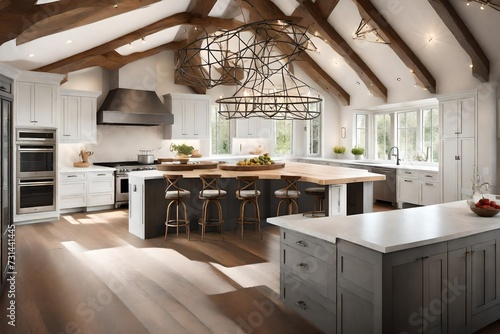 A kitchen with a vaulted ceiling, wooden beams, and a statement chandelier illuminating the central island.