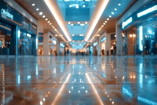 an empty shopping mall in blurred background .Generative AI