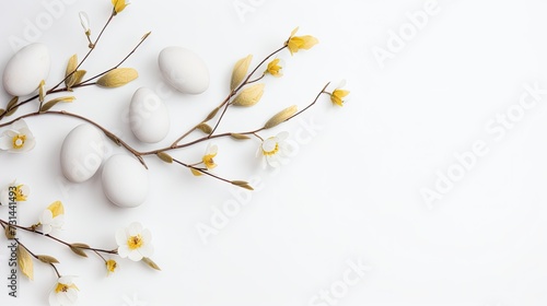 Whimsical Easter Delight: A Charming Flat Lay Composition with a Willow Branch and Colorful Eggs