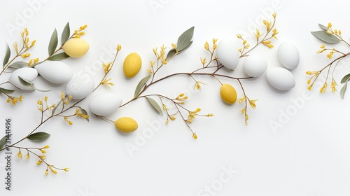 Whimsical Easter Delight: A Charming Flat Lay Composition with a Willow Branch and Decorative Eggs