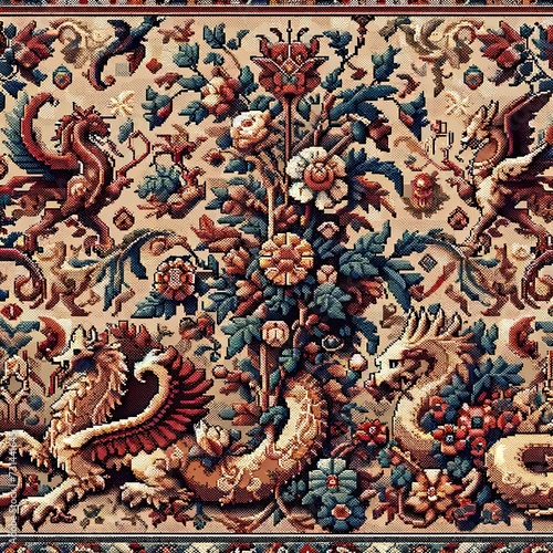 seamless pixel art pattern traditional tapestry motif  floral designs and elements reminiscent of mythical creatures or medieval scenes © Rizaldy
