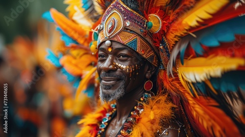 man is in colorful costume walking through a street festival photo