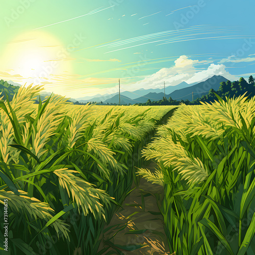A green rice field rice swaying in the wind golden