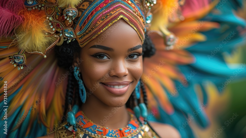 woman is in colourful costume walking through a street festival woman is in colourful costume walking through a street festival