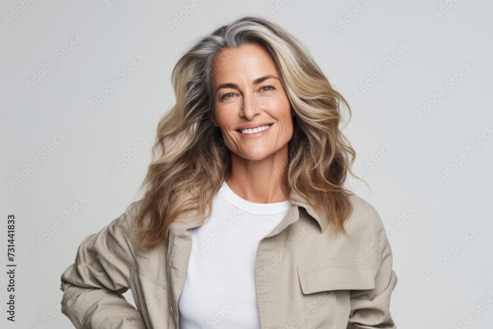 Portrait of beautiful middle aged woman smiling at camera while standing against grey background Portrait of beautiful middle aged woman smiling at camera while standing against grey background