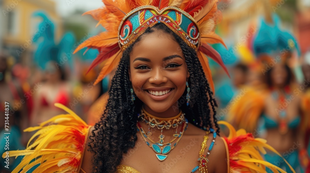 woman is in colourful costume walking through a street festival woman is in colourful costume walking through a street festival