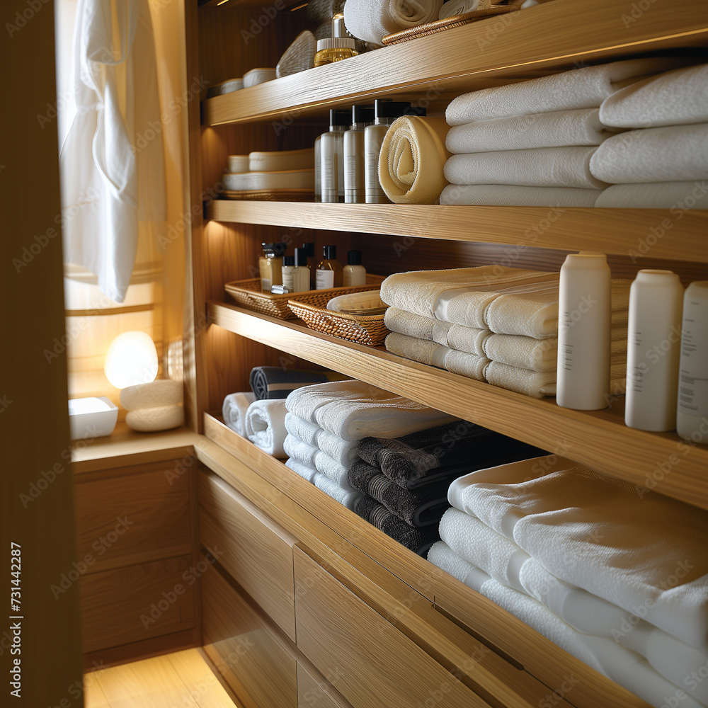 Shelves full of neatly folded towels and sheets in large home laundry room. Shelves full of neatly folded towels and sheets in large home laundry room.